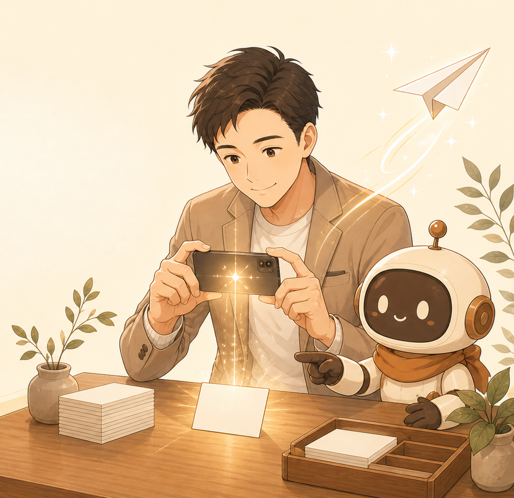 スマホで名刺を撮る男性とAIアシスタント